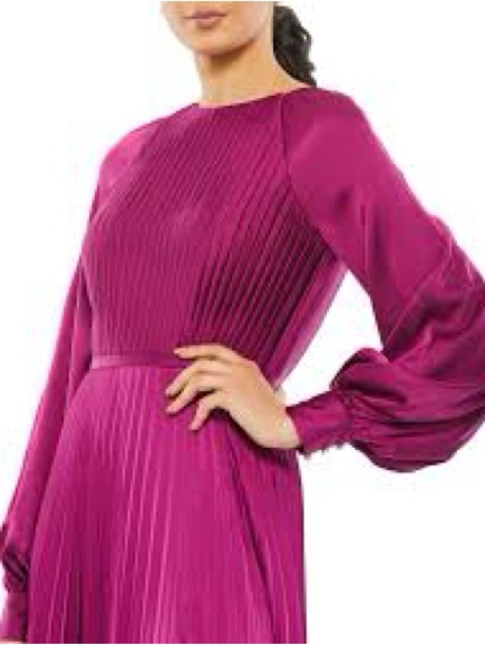 IEENA FOR MAC DUGGAL Pleated High Neck Long Sleeve Gown with Slit - Picture 12 of 13